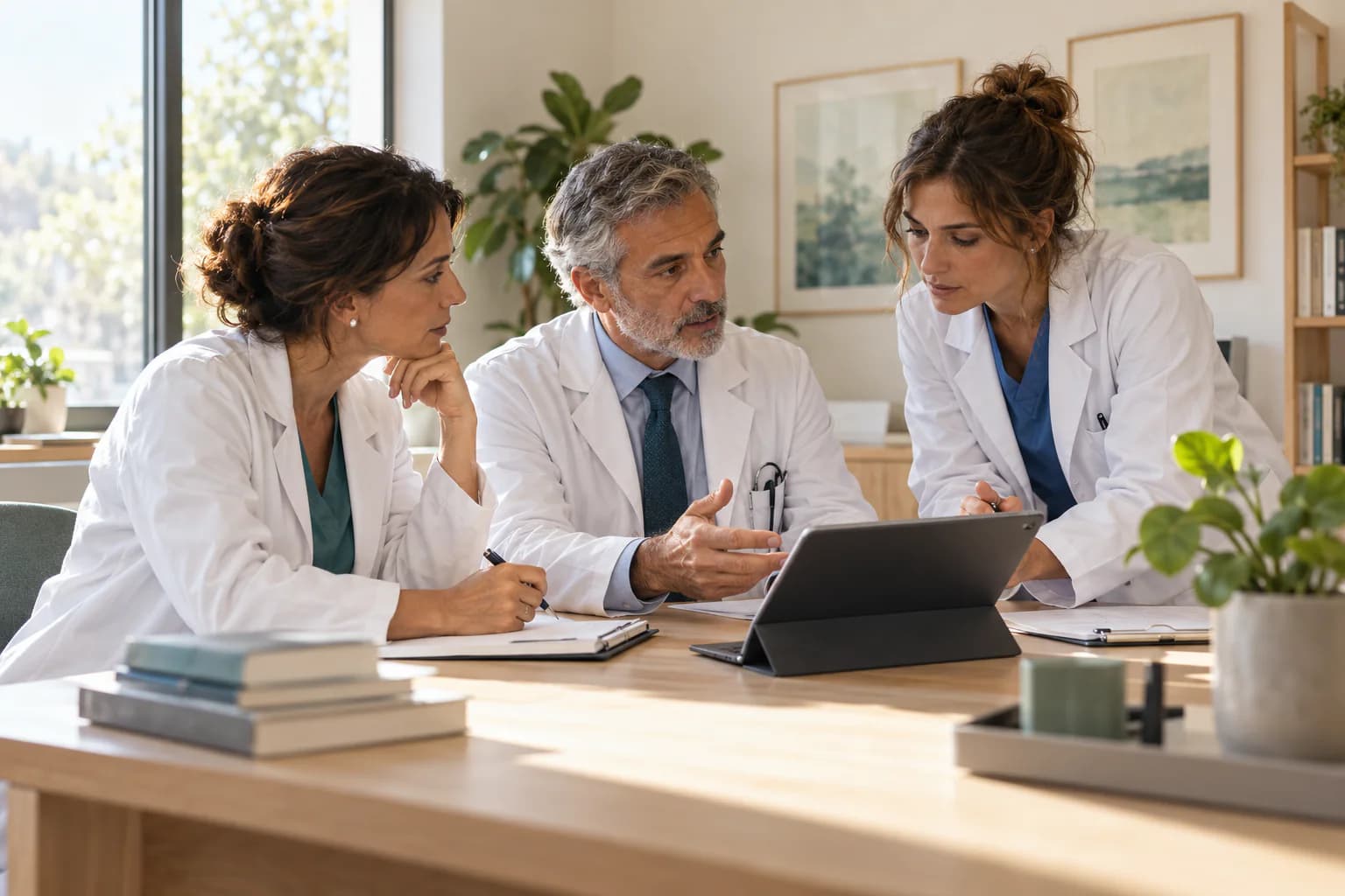 Tre medici discutono un caso intorno a una scrivania.