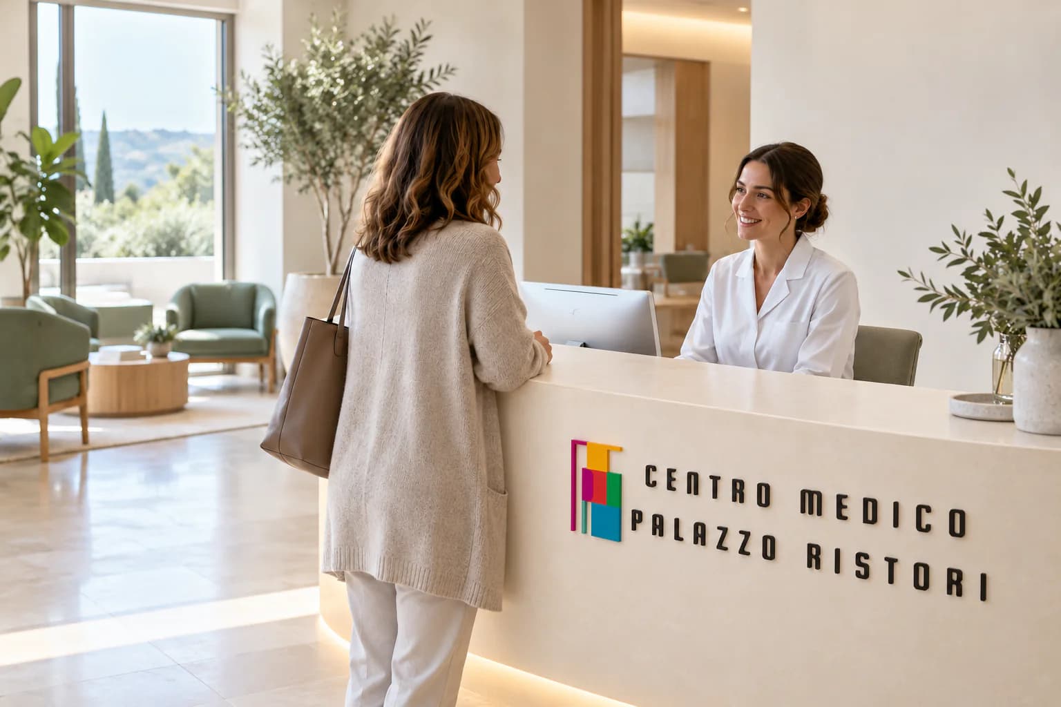 Una paziente viene accolta alla reception.